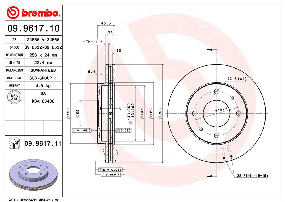 Tarcza hamulcowa BREMBO 09.9617.11