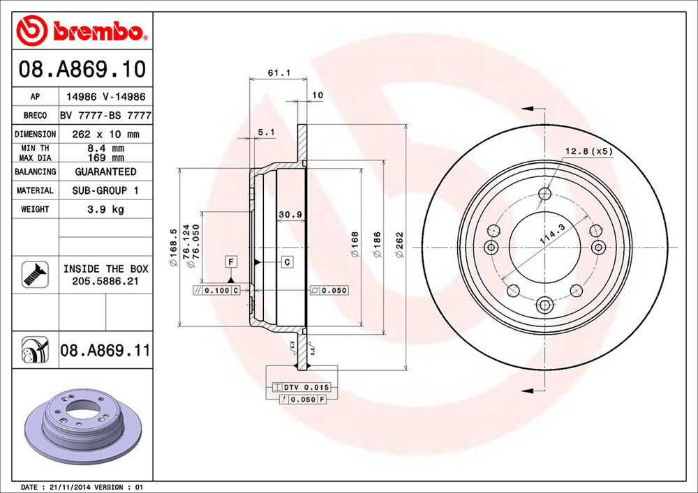 Tarcza hamulcowa BREMBO 08.A869.11