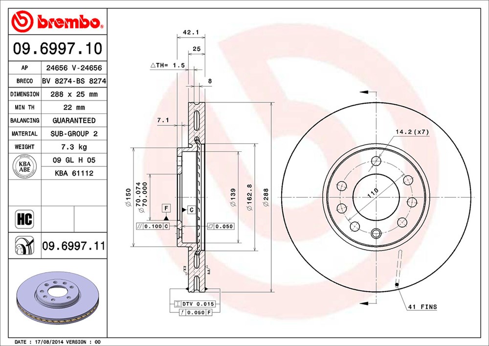 Tarcza hamulcowa BREMBO 09.6997.11