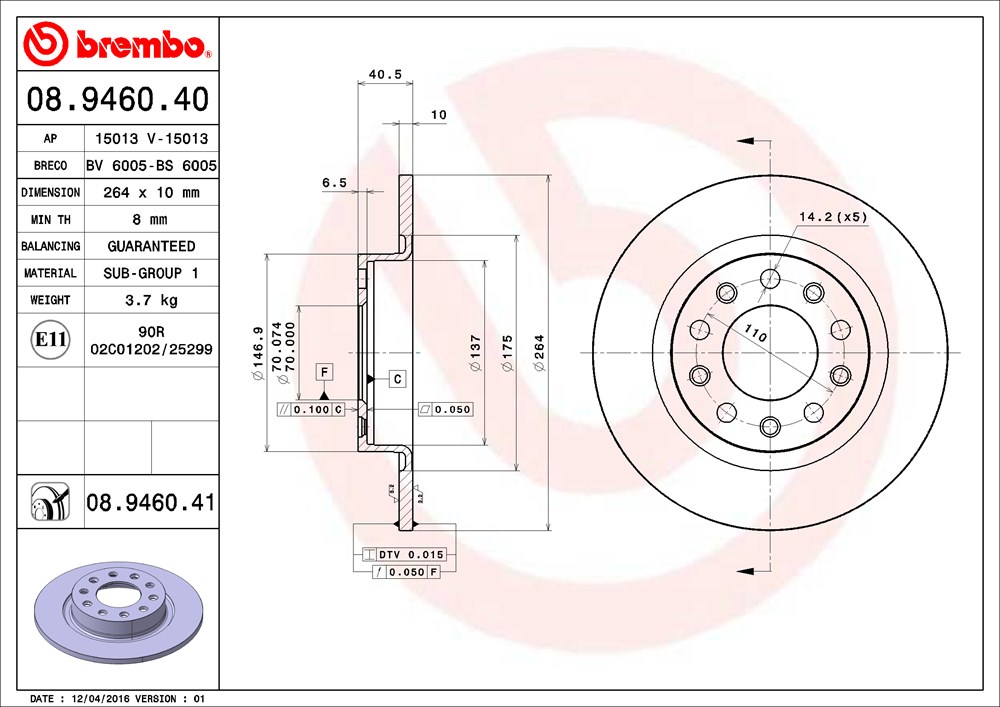 Tarcza hamulcowa BREMBO 08.9460.41