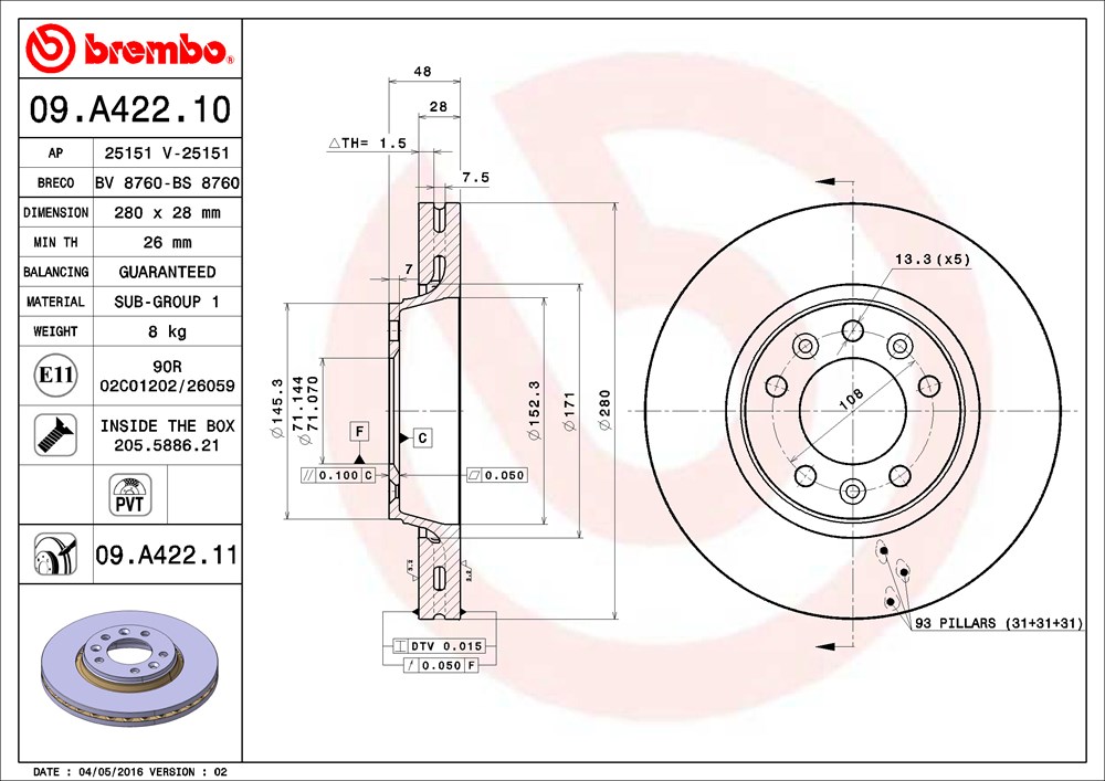 Tarcza hamulcowa BREMBO 09.A422.11