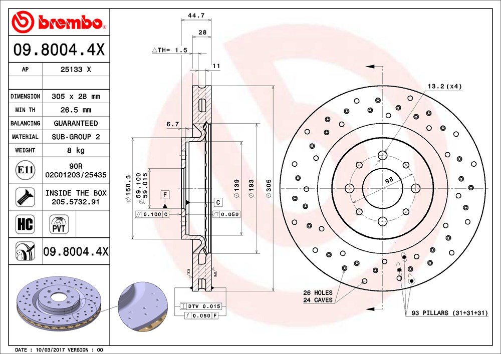 Tarcza hamulcowa BREMBO 09.8004.4X