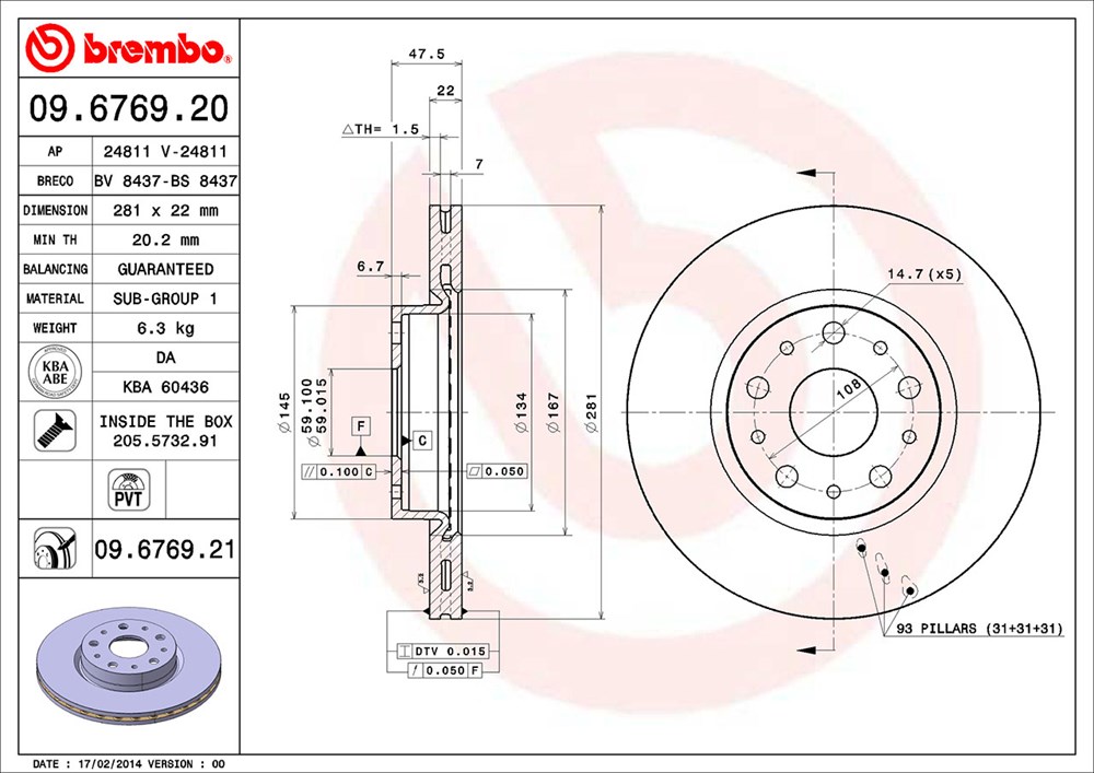 Tarcza hamulcowa BREMBO 09.6769.21