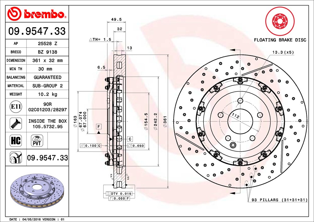 Tarcza hamulcowa BREMBO 09.9547.33