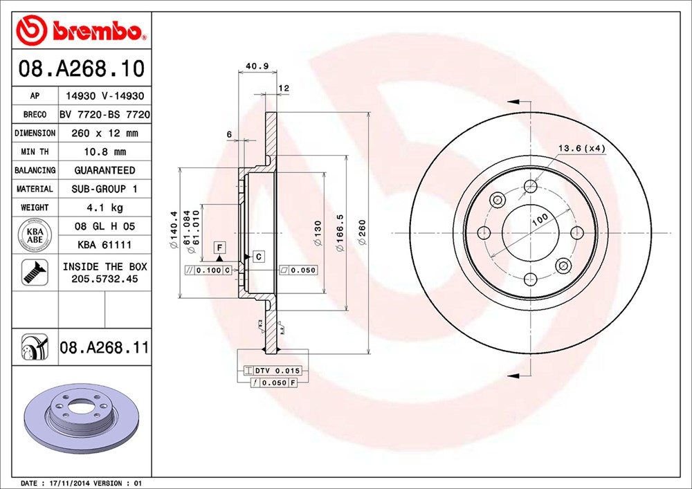 Tarcza hamulcowa BREMBO 08.A268.10