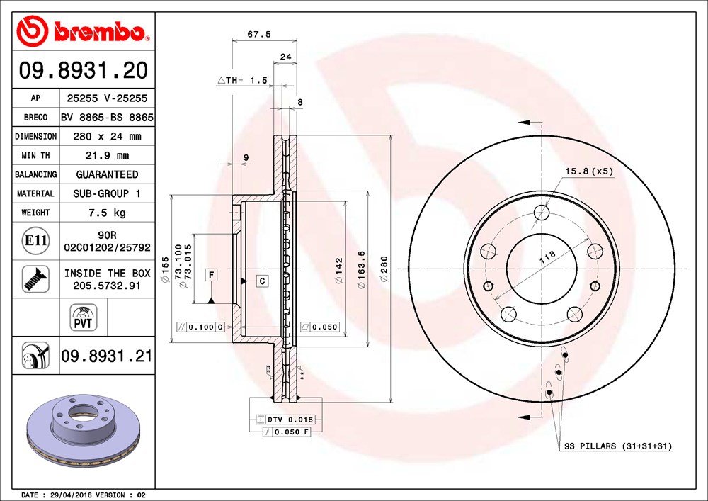 Tarcza hamulcowa BREMBO 09.8931.21
