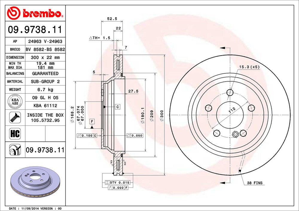 Tarcza hamulcowa BREMBO 09.9738.11