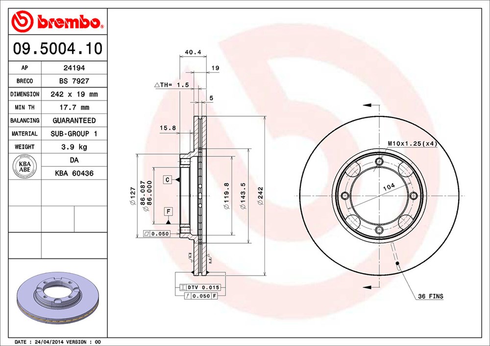 Tarcza hamulcowa BREMBO 09.5004.10