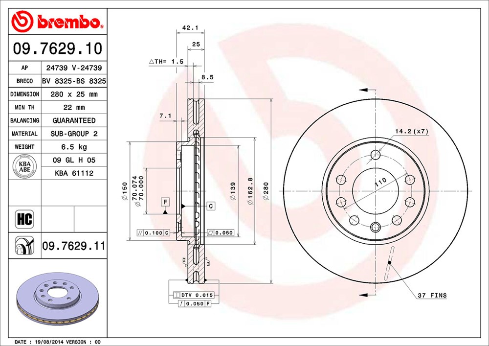 Tarcza hamulcowa BREMBO 09.7629.11