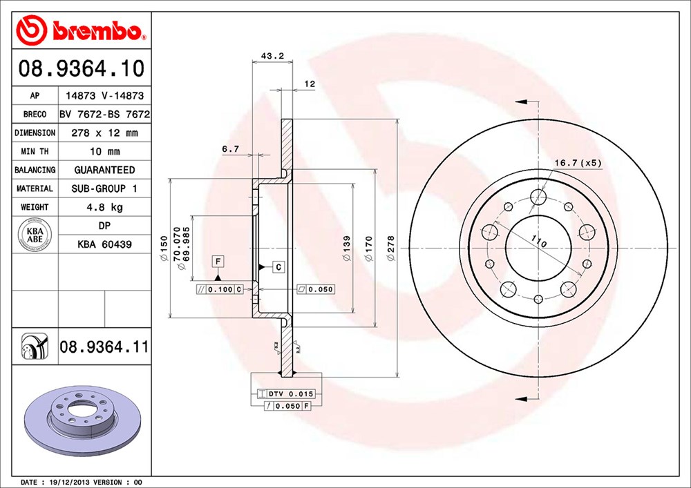 Tarcza hamulcowa BREMBO 08.9364.11