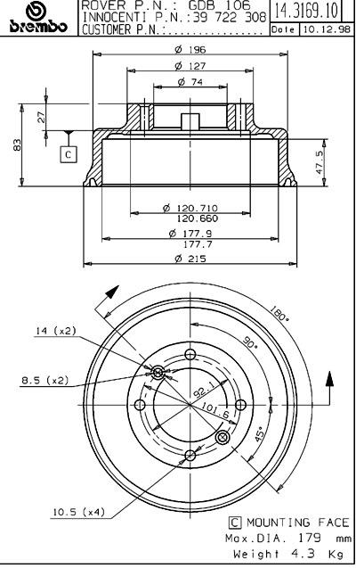 Bęben hamulcowy BREMBO 14.3169.10