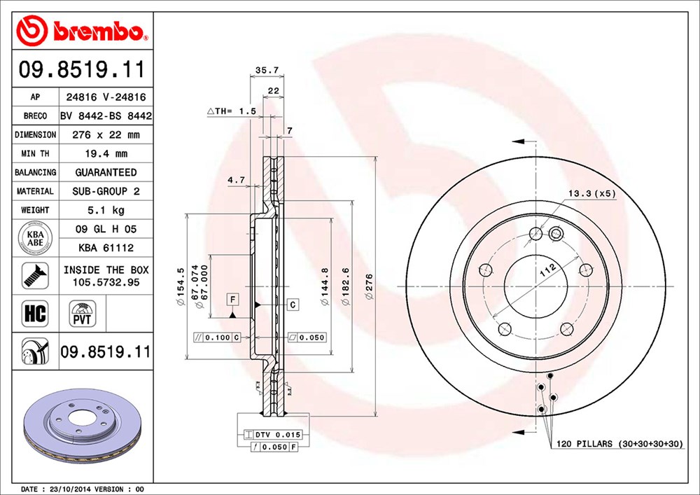 Tarcza hamulcowa BREMBO 09.8519.11