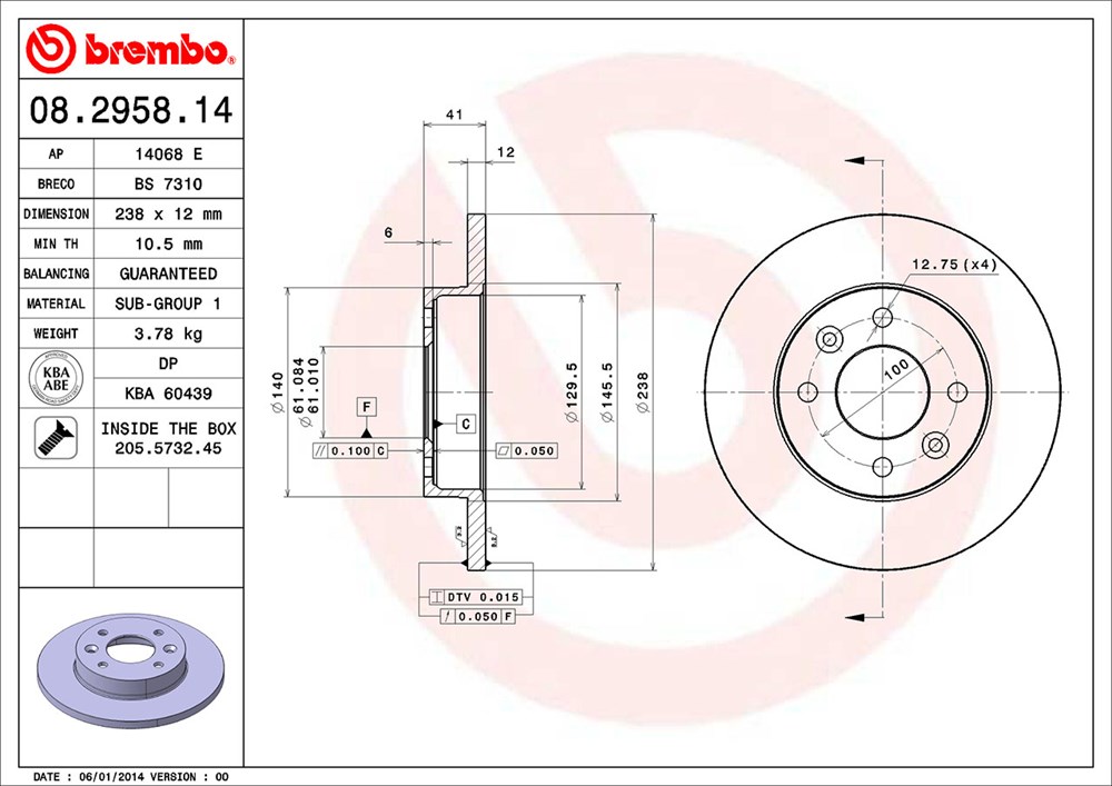 Tarcza hamulcowa BREMBO 08.2958.14