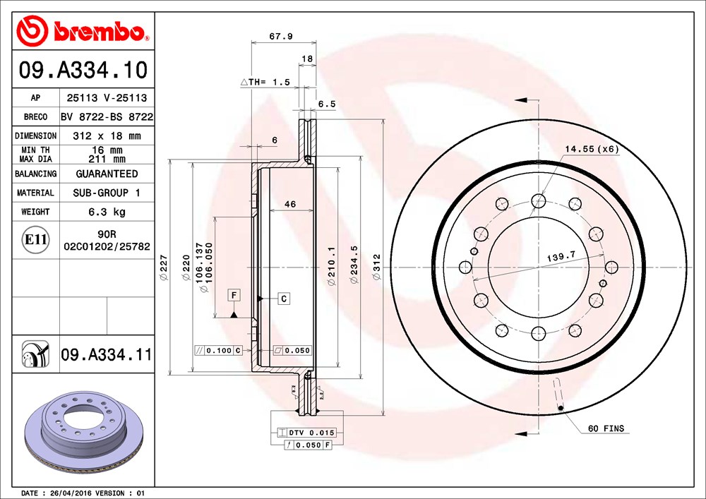 Tarcza hamulcowa BREMBO 09.A334.11