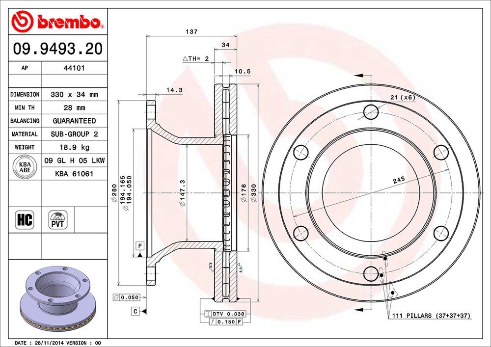 Tarcza hamulcowa BREMBO 09.9493.20