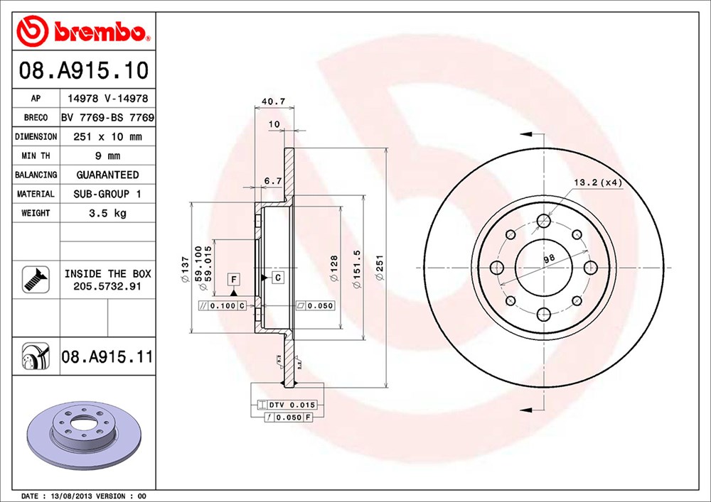 Tarcza hamulcowa BREMBO 08.A915.11