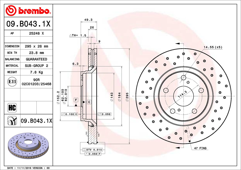 Tarcza hamulcowa BREMBO 09.B043.1X