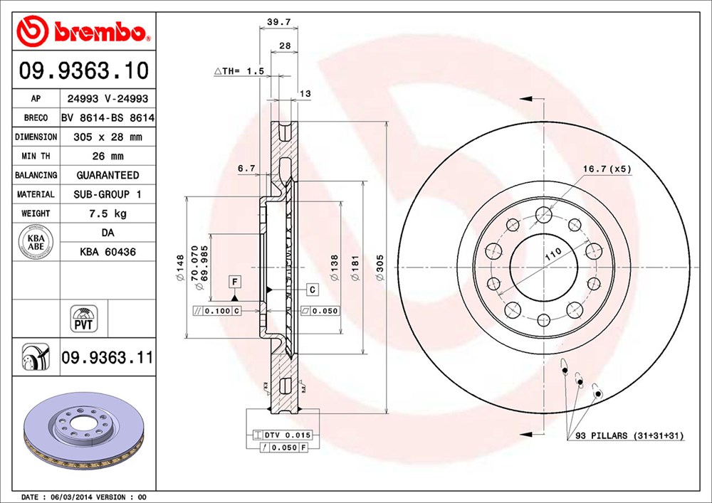 Tarcza hamulcowa BREMBO 09.9363.11