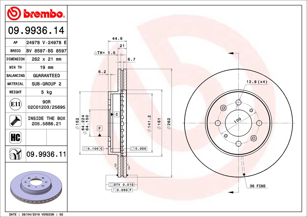 Tarcza hamulcowa BREMBO 09.9936.11