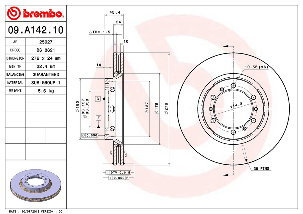 Tarcza hamulcowa BREMBO 09.A142.10