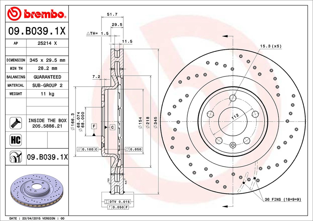 Tarcza hamulcowa BREMBO 09.B039.1X