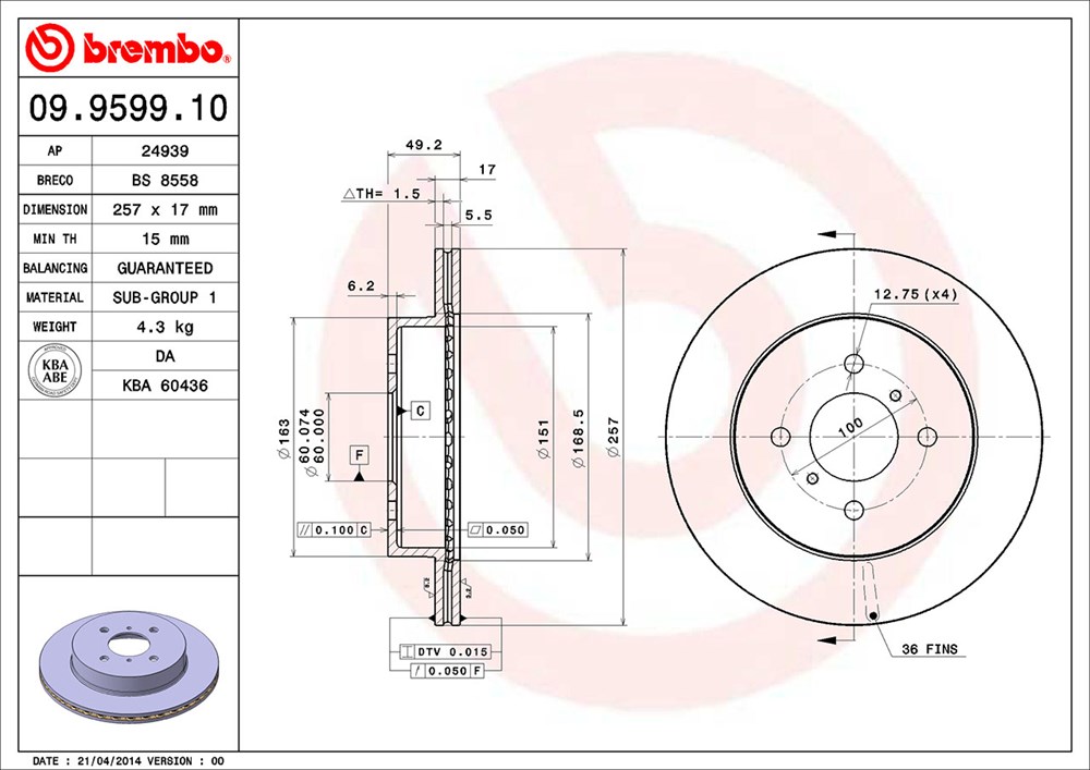 Tarcza hamulcowa BREMBO 09.9599.10