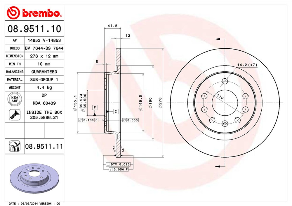 Tarcza hamulcowa BREMBO 08.9511.11