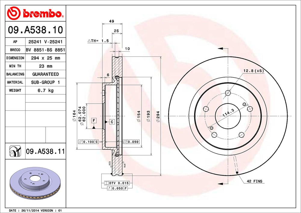 Tarcza hamulcowa BREMBO 09.A538.11