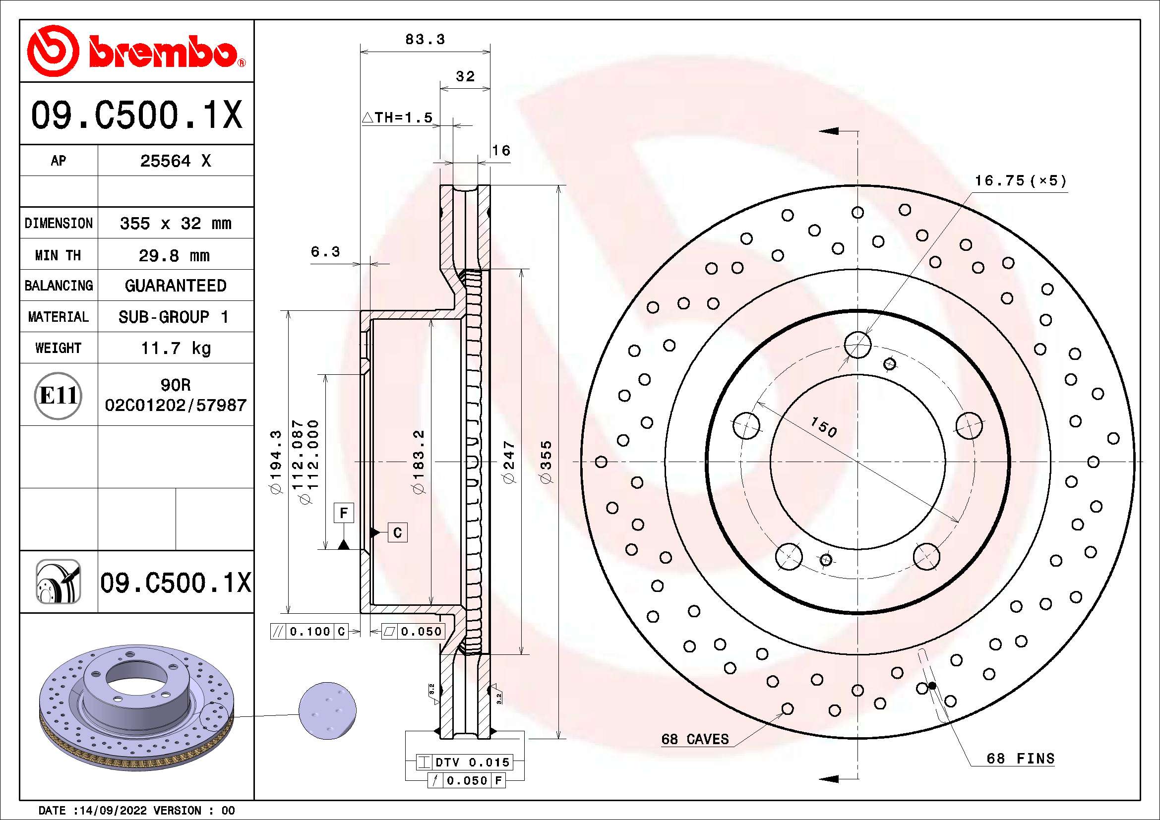 Tarcza hamulcowa BREMBO 09.C500.1X