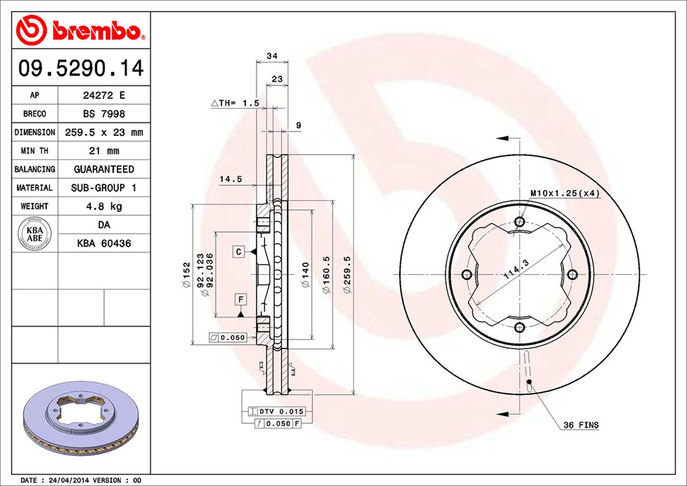 Tarcza hamulcowa BREMBO 09.5290.14