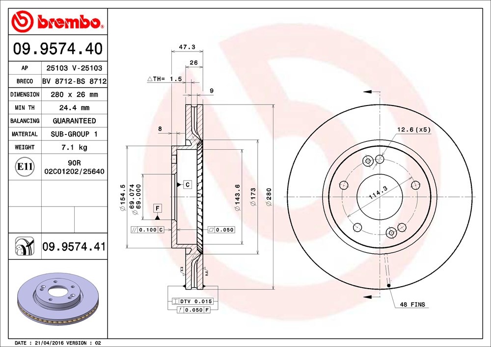 Tarcza hamulcowa BREMBO 09.9574.41