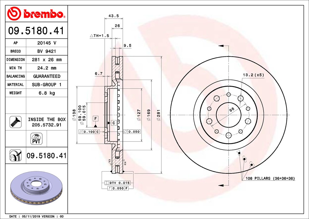 Tarcza hamulcowa BREMBO 09.5180.41