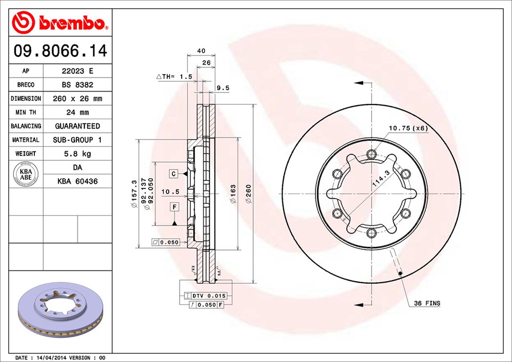 Tarcza hamulcowa BREMBO 09.8066.14