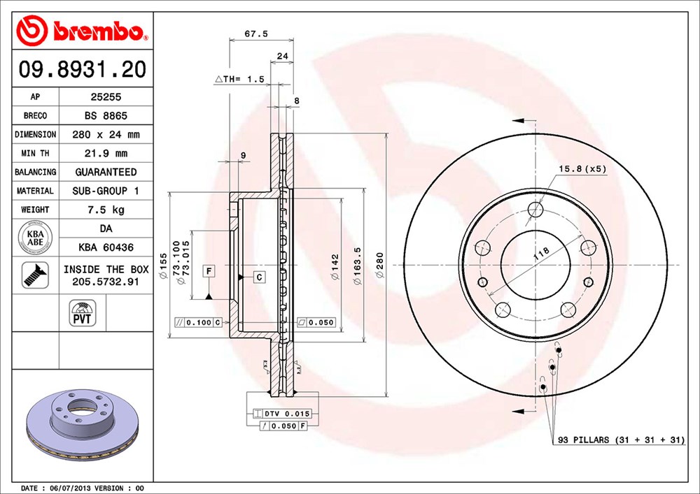 Tarcza hamulcowa BREMBO 09.8931.20