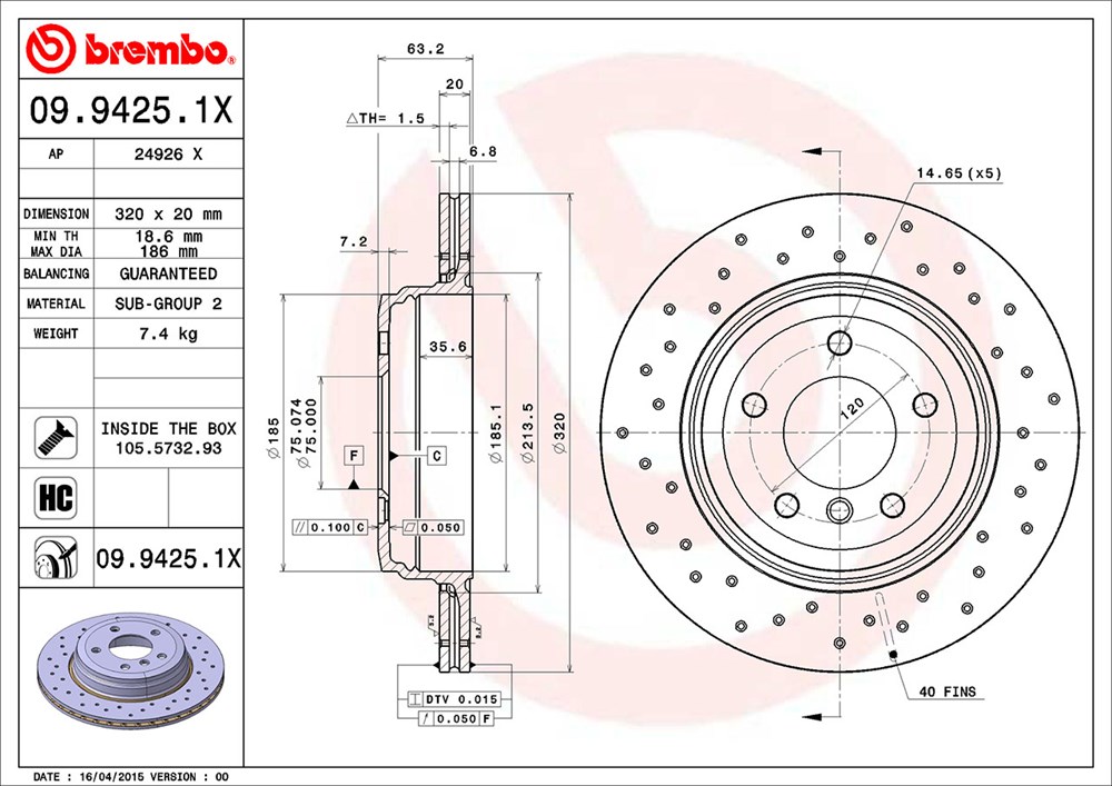 Tarcza hamulcowa BREMBO 09.9425.1X