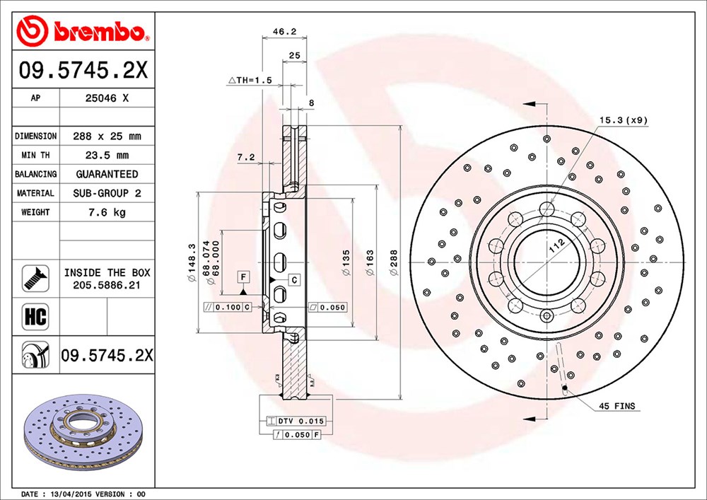 Tarcza hamulcowa BREMBO 09.5745.2X