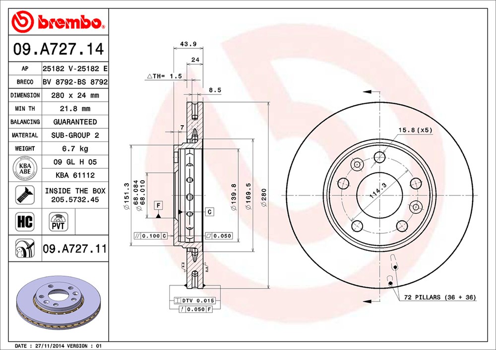 Tarcza hamulcowa BREMBO 09.A727.14