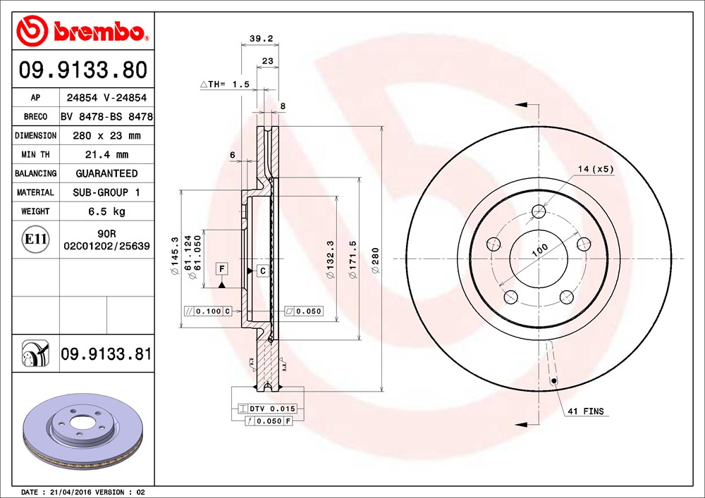 Tarcza hamulcowa BREMBO 09.9133.81