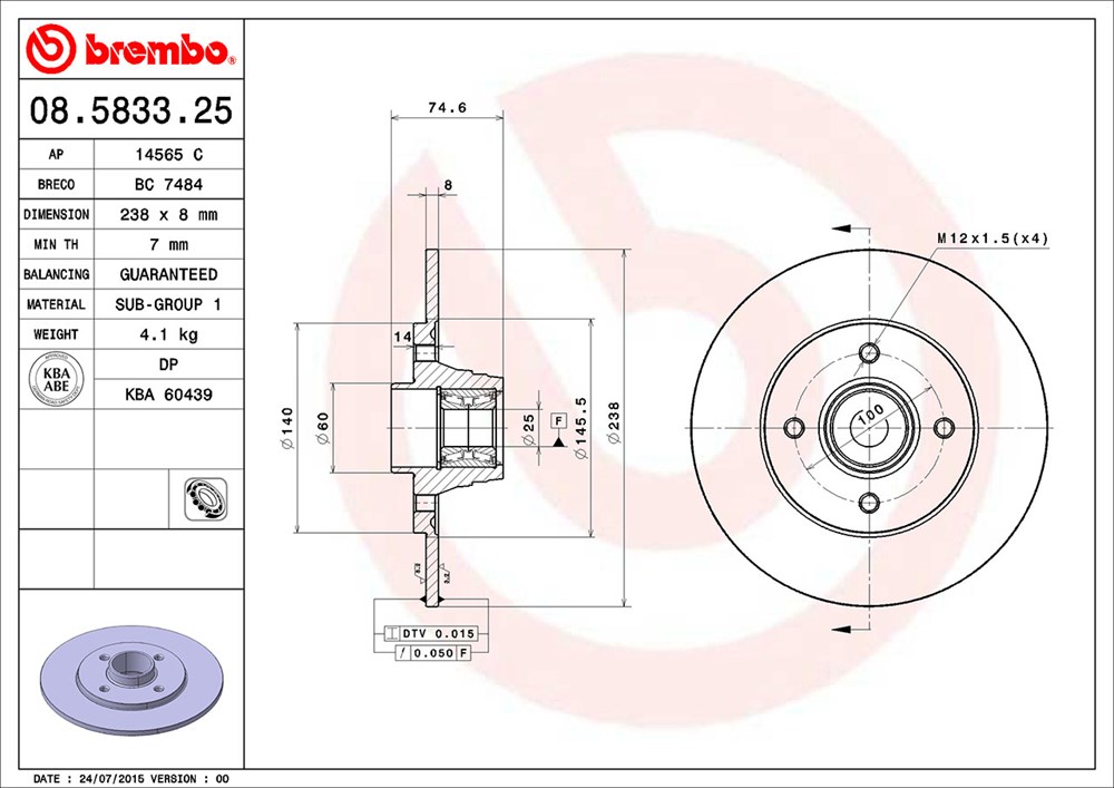 Tarcza hamulcowa BREMBO 08.5833.25