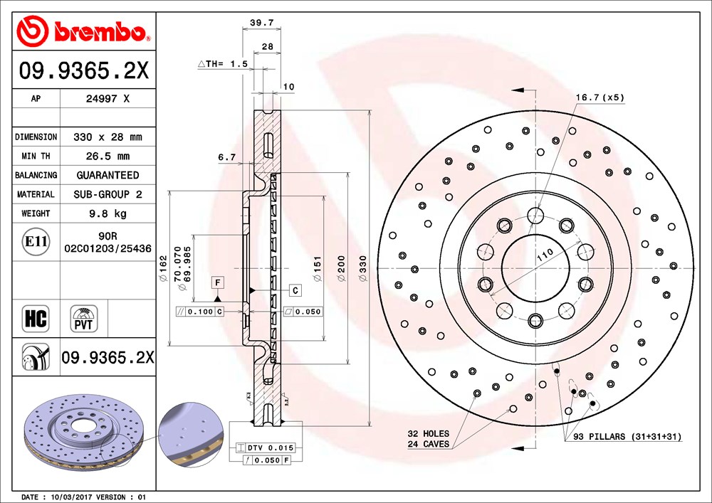 Tarcza hamulcowa BREMBO 09.9365.2X