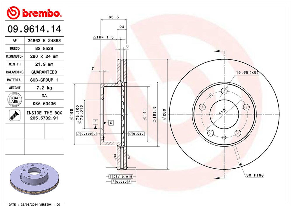 Tarcza hamulcowa BREMBO 09.9614.14