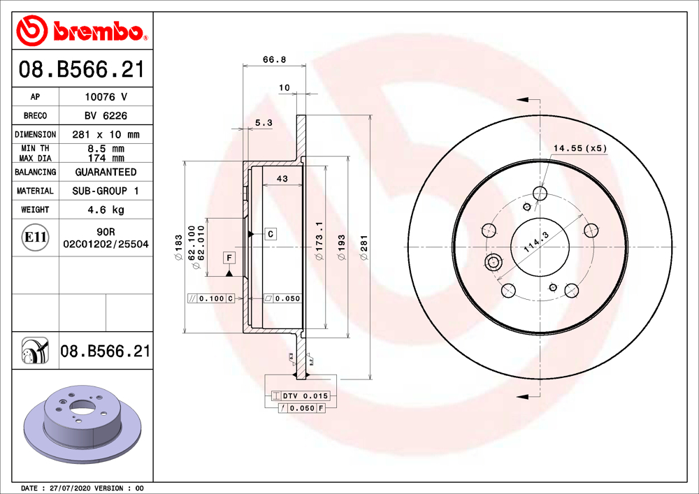 Tarcza hamulcowa BREMBO 08.B566.21