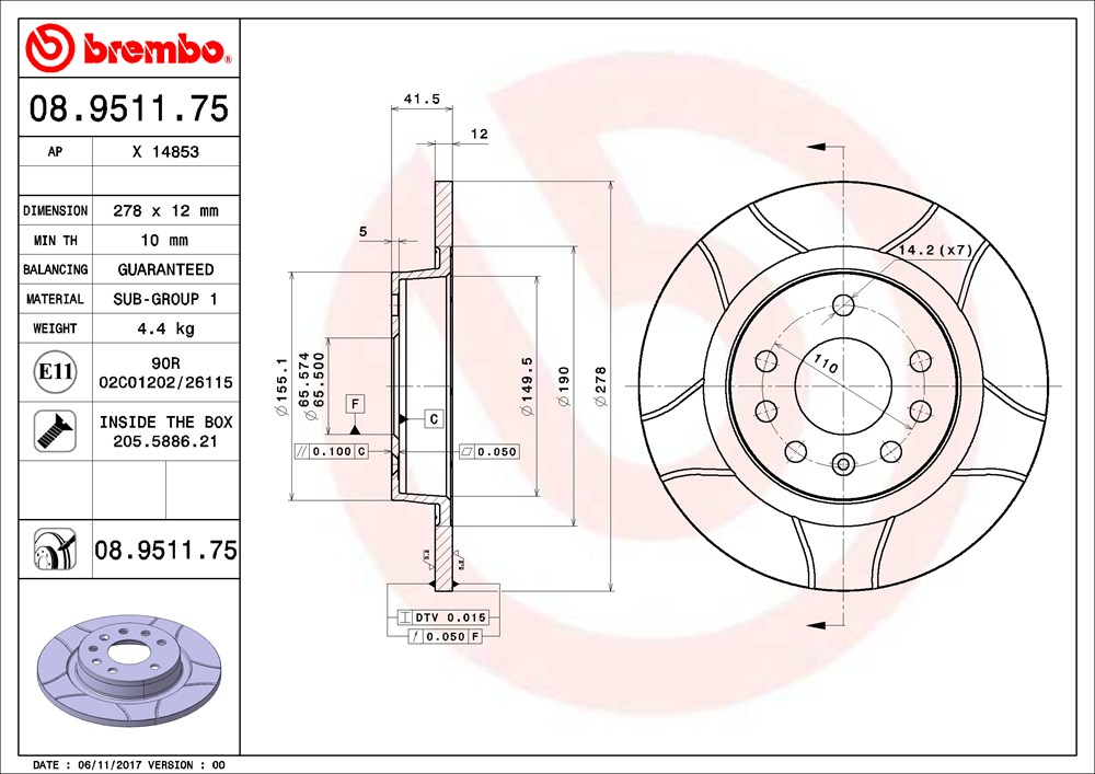 Tarcza hamulcowa BREMBO 08.9511.75