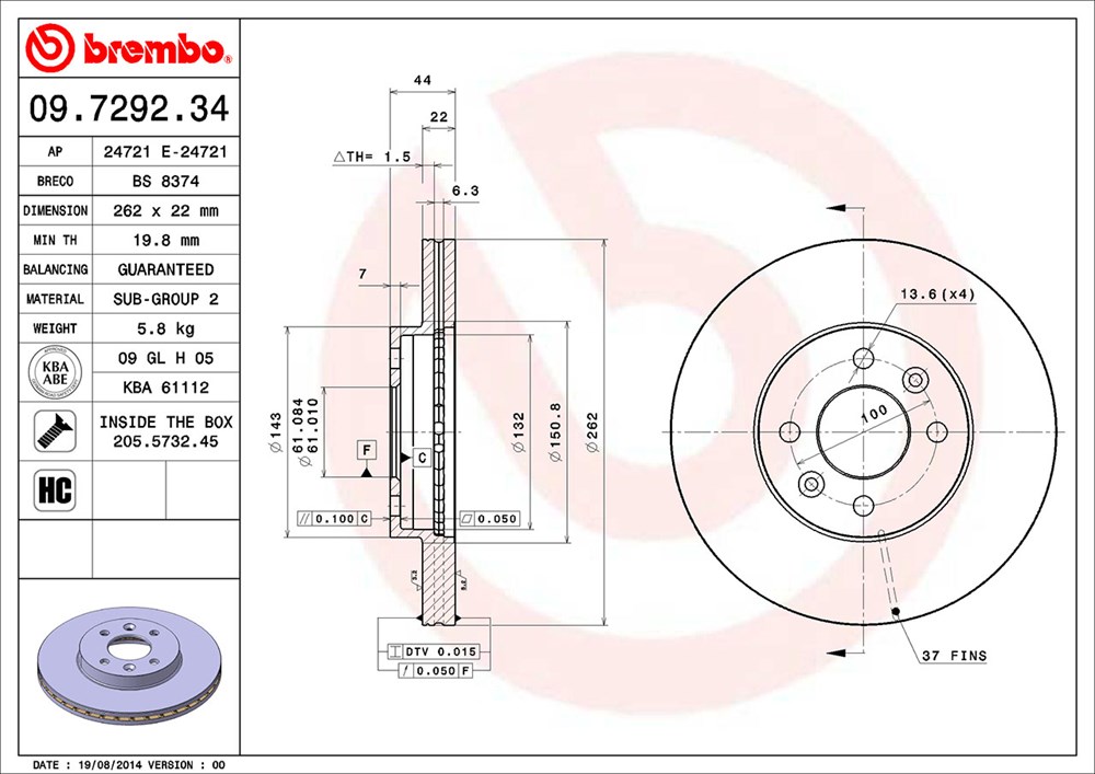 Tarcza hamulcowa BREMBO 09.7292.34