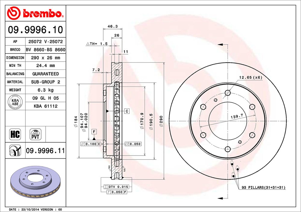 Tarcza hamulcowa BREMBO 09.9996.11