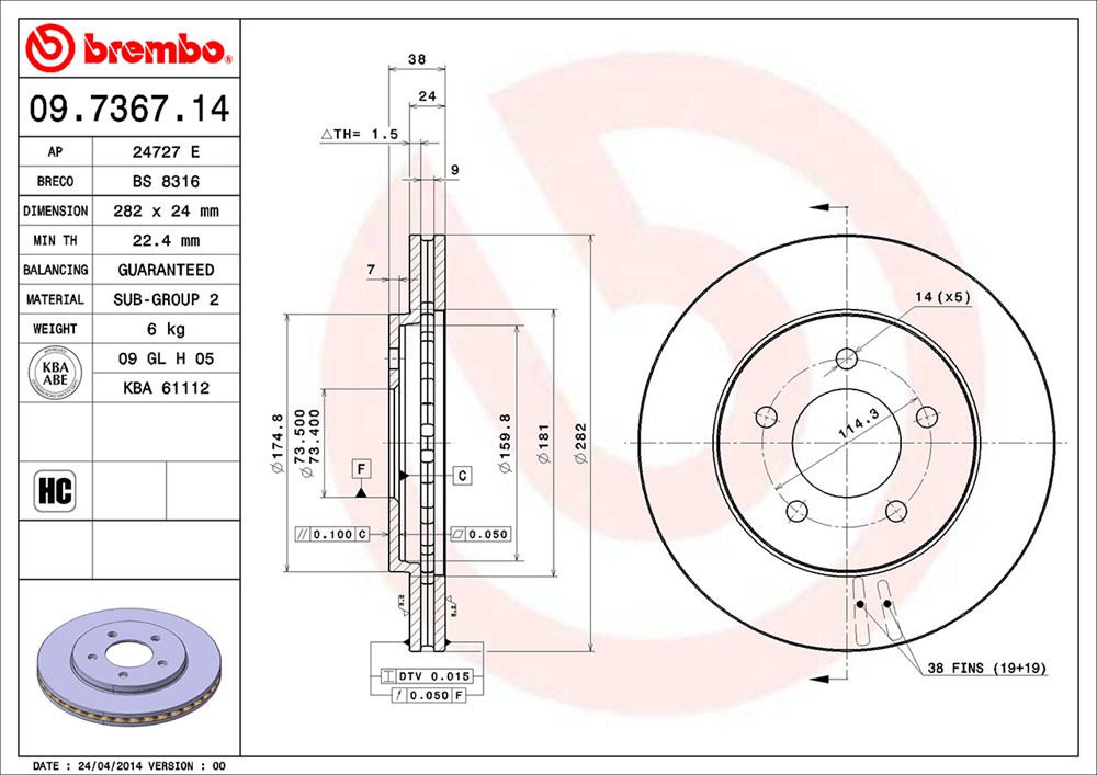 Tarcza hamulcowa BREMBO 09.7367.14