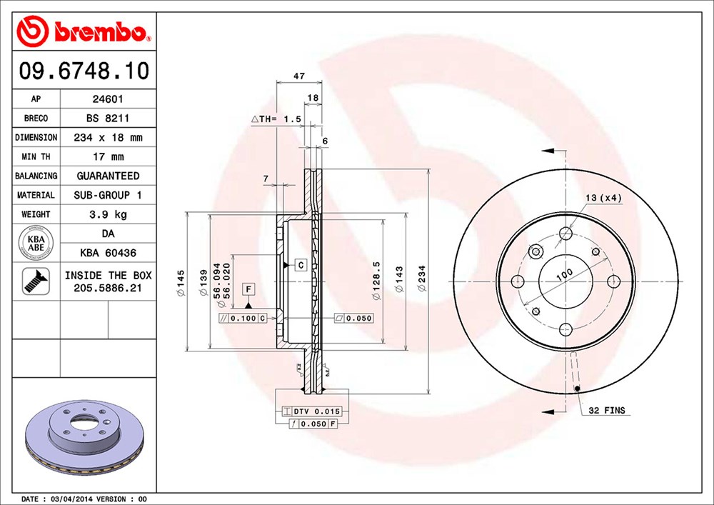 Tarcza hamulcowa BREMBO 09.6748.10