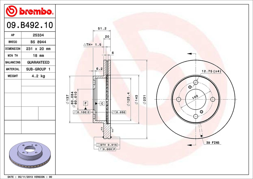 Tarcza hamulcowa BREMBO 09.B492.10