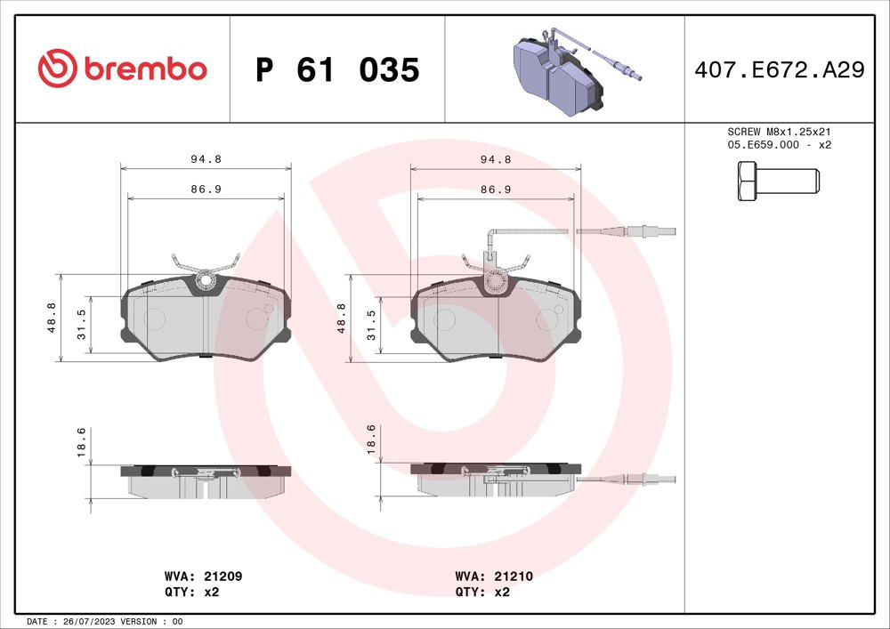 Klocki hamulcowe BREMBO P 61 035
