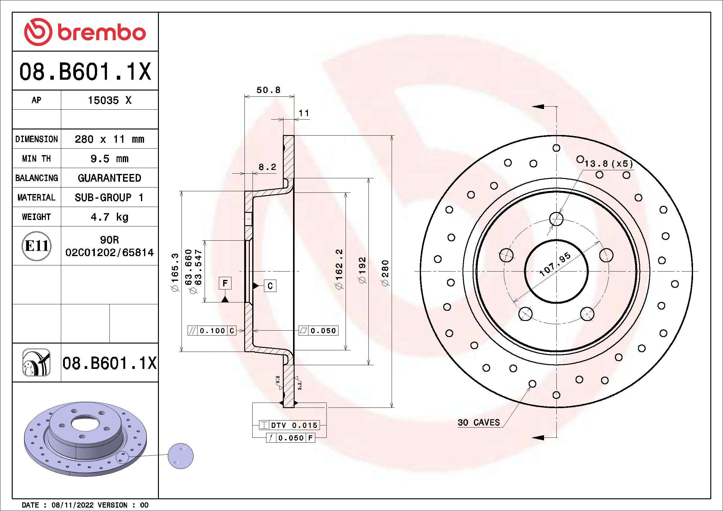 Tarcza hamulcowa BREMBO 08.B601.1X